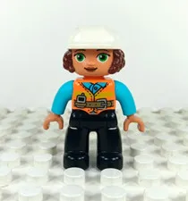 Lego Duplo Figure Woman Construction Worker brown hair white hat orange/black