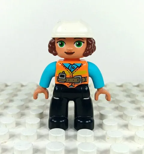 Lego Duplo Figure Woman Construction Worker brown hair white hat orange/black