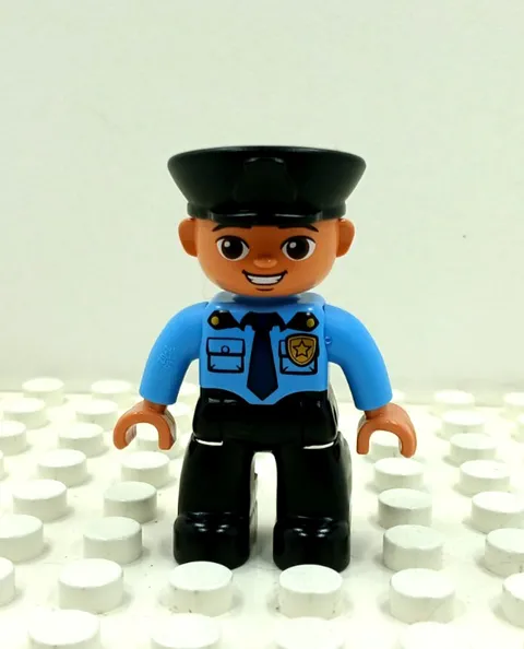 Lego Duplo Figure Police Officer round eyes bald lt. blue/black
