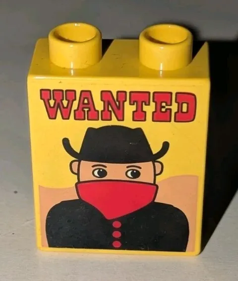 Lego Duplo Yellow 1x2x2 Brick With Wanted Poster Bandit Western Part # 4066pb011