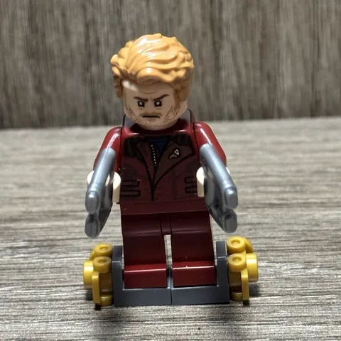 LEGO Minifigure Male Blond Hair Dark Red Outfit w/ Silver Arms & 2 Blasters