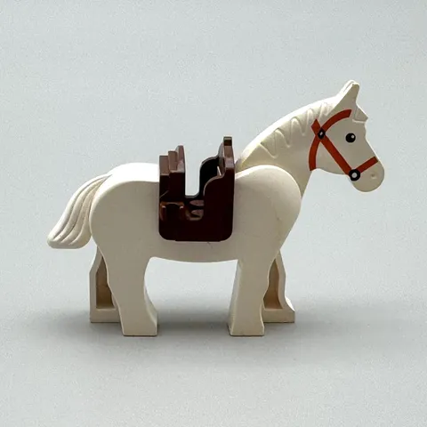 LEGO White Horse Minifigure Animal Dark Orange Bridle Pattern Brown Saddle