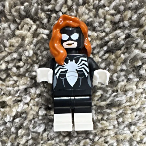 LEGO Minifigure Black Suit White Spider Emblem Orange Hair White Hands