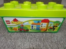 LEGO Duplo Green 2x4 Storage Brick Box & Mixed Lot of Duplo Blocks Building Toy
