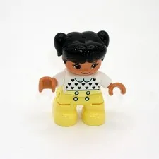 Lego Duplo Girl Toddler Figure Black Hair White Top w/ Black Hearts Yellow Pants