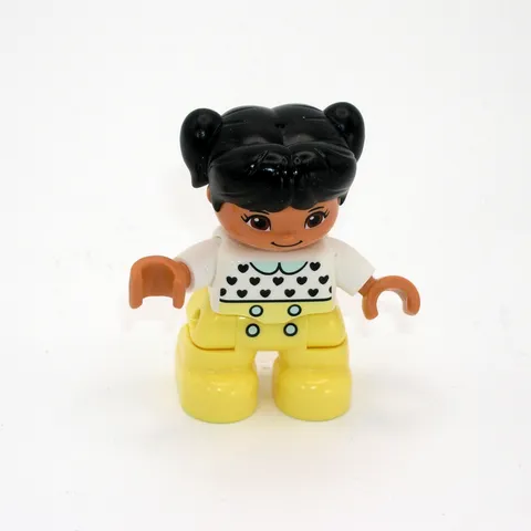 Lego Duplo Girl Toddler Figure Black Hair White Top w/ Black Hearts Yellow Pants