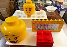 lego storage lot with two heads, minifigure display case, lunch box and big box