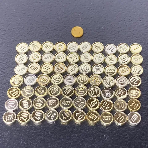 LEGO Vintage Chrome Gold Coins in 1, 2, 5, 10, 20, 30, 40 denominations X70