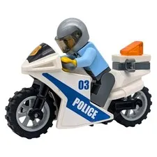 LEGO minifigure police officer with motorcycle city road