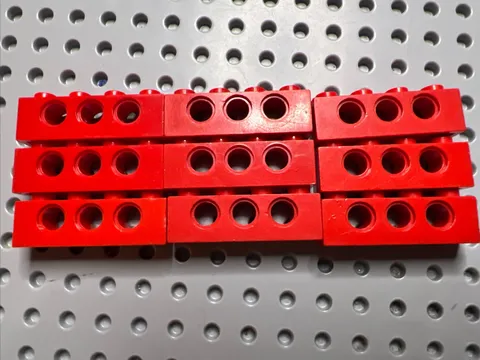 LEGO 3701 Red Technic, Brick 1 x 4 with Three Holes - 9 Pieces