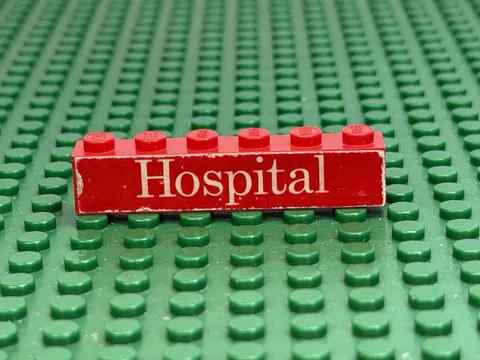 1976 LEGO Red Brick 1x6 w/White 'Hospital' Red Background Sticker 555 #3009pb070