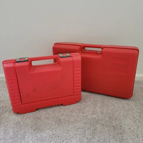 Lot of 2 Lego Red Carrying Cases Boxes Suitcases 17x10x5 & 13x9x4 1985 Vintage