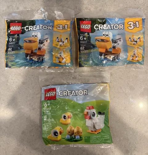 Lego Sets 30571 & 30643, New Sealed Polybags, Pelican & Easter Chickens
