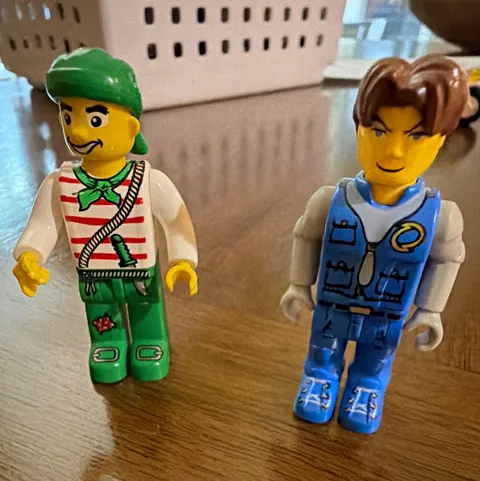 LEGO Minifigure Lot of 2 - Green Hat Striped Shirt & Blue Outfit Figures