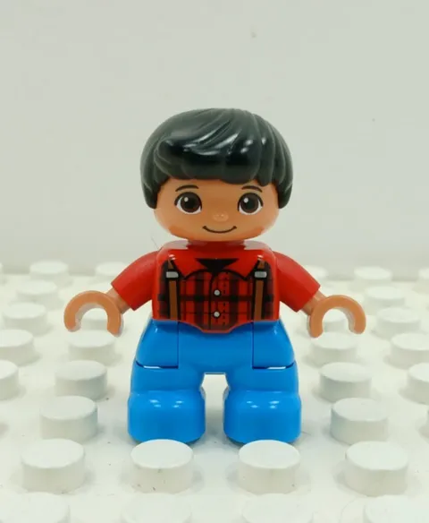 Lego Duplo Figure Kid Boy black hair suspenders red/lt blue