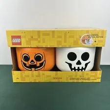 LEGO Pumpkin Jack O Lantern And Skeleton Skull Storage Head Small Halloween