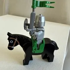 Lego Vintage Silver Knight Rider  with Horse Saddle Sword Shield Flag