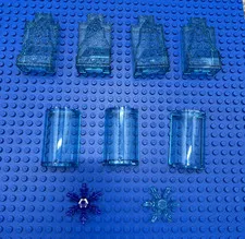 9 Lego Trans-Light Blue Glitter Rock/Star Pieces W/Curved Cylinder Wall Panels