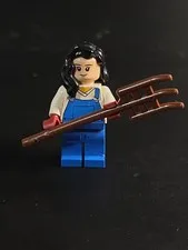 Lego Mini Fig Girl With Blue Overalls And Pitchfork