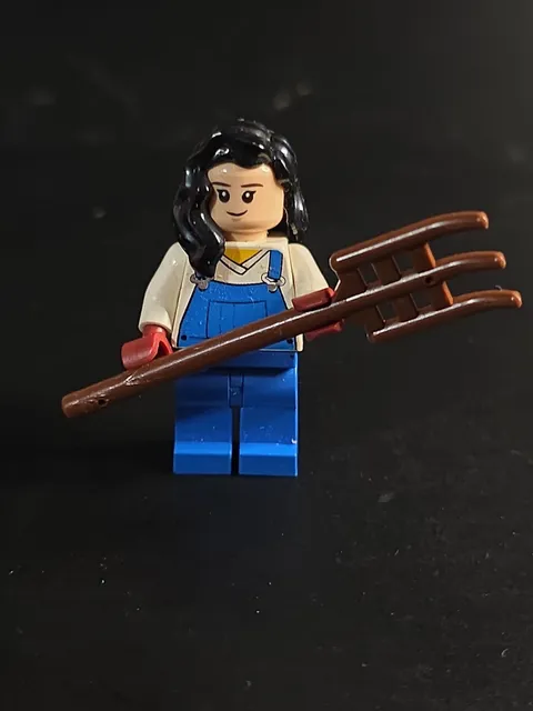 Lego Mini Fig Girl With Blue Overalls And Pitchfork