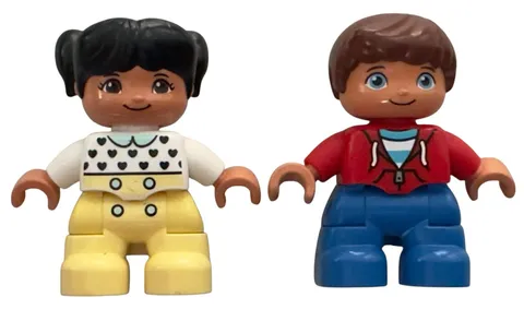 LEGO DUPLO Figure Lot 2x Boy Red Hoodie Jacket & Girl Hearts Yellow Pants Set