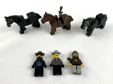 Vintage 3 Lego Minifigures w/ 3 Horses-Black Bart, Sheriff, Wolfpack, Free Ship