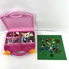 Legos w/ Some Minifigures in Pink Lego Carrying Case w/Dividers and 32x32 Base