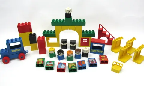Vintage Lego Duplo Lot Police Station Figures Food Bricks Stairs Car Chair