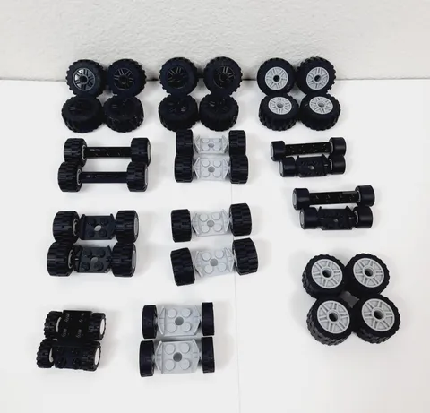 Lot of 12 Matching Lego Wheel & Tire Sets + Axles: 30.4x14, 87697, 30028, & More