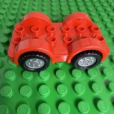 Lego Duplo Vehicle Red Car Base 2 x 6 Black Tires Silver Wheels Fixed Axles