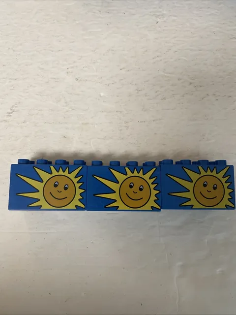 Lego Duplo 2x4 Painted Sun On Blue Brick Lot Of 3
