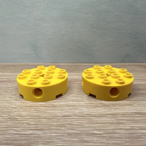 LEGO Part #6222 Round Brick 4x4 w/4 Pin Holes and Axle Hole, Yellow 2 Pcs