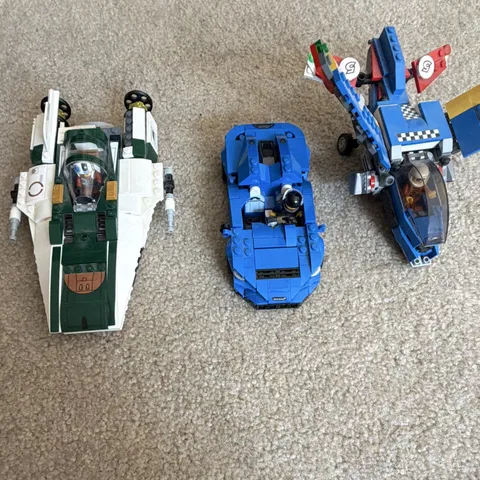 LEGO Lot of 3 Assembled Vehicles: Starfighter/Spaceship, Blue Car, Blue Jet.