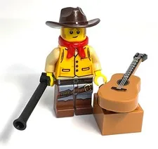 Lego Western Cowboy Minifigure - w/ Rifle & Guitar - Frontier Wild West Fig