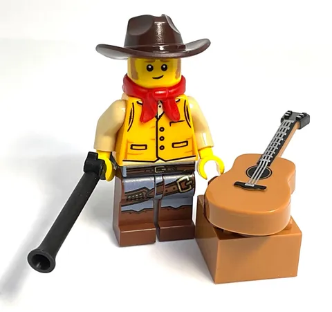 Lego Western Cowboy Minifigure - w/ Rifle & Guitar - Frontier Wild West Fig