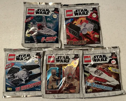 Lego Star Wars Foil Pack Lot - Tusken Raider, Jedi SF, Tie Bomber & Interceptor