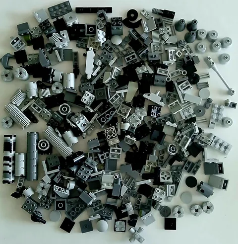 Lego Lot 360 Small Gray and Black Parts, Brackets, Special, Cones, Turntables