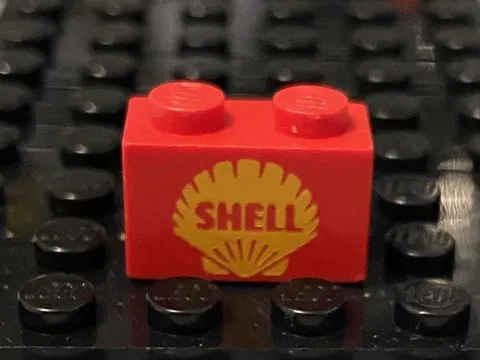 LEGO Red 1x2 Brick With The Yellow Shell Logo