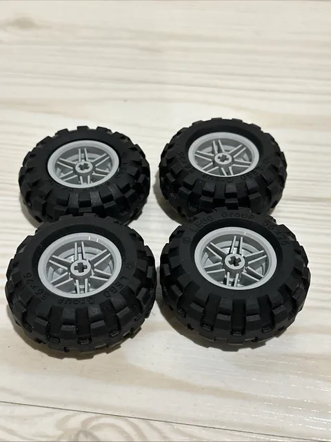 LEGO LOT 4 BLACK TIRES WHEELS 56X26 BALLOON LIGHT BLUISH GRAY RIMS 56145