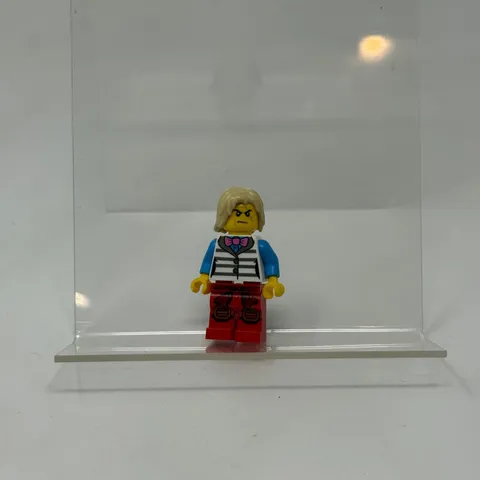 LEGO Minifigure Striped Vest Blue Shirt Pink Bow Tie Tan Hair Red Legs