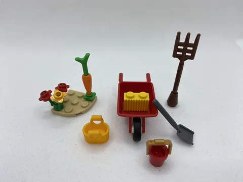 LEGO Farm Garden Minifigure Accessory Lot- Wheelbarrow, Flowers, veggies