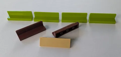 7 LEGO parts 1x4 panel with wall (long bench seat) #15207 green brown tan