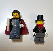 LEGO Minifigures carolers Lot of 2 Woman w/ Cape & White Tile Tuxedo Man Top Hat
