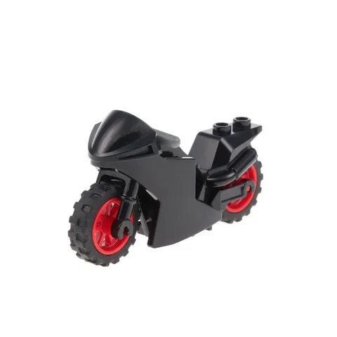 1x LEGO Motorcycle Sport Black Chassis Wheels Red Handlebar Dark Gray 18895c07