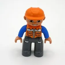 Lego Duplo Construction Worker Figure Orange Vest Hard Hat Gray Pants Blue Shirt