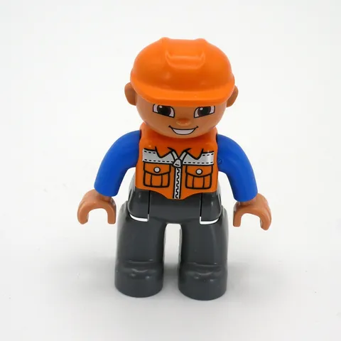 Lego Duplo Construction Worker Figure Orange Vest Hard Hat Gray Pants Blue Shirt