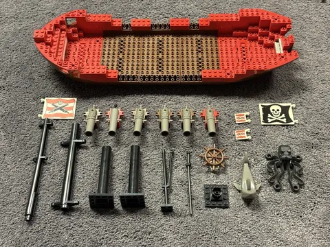 Vintage Lego Pirate Ship Hull Brown with Red Top + Accessories Cannons Flags Lot