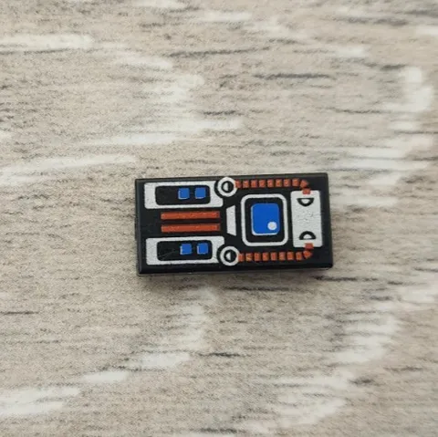 Lego 3069px28 Black Tile 1 x 2 with Spyrius Blue Screen Silver Red Panel Pattern