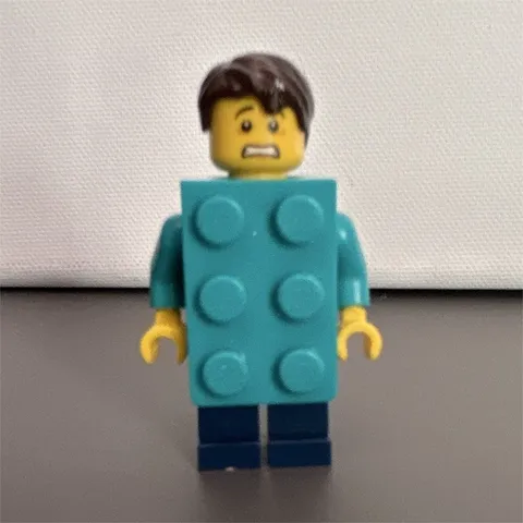 LEGO Minifigure Block Costume with Light Blue Plate Body, Brown Hair, Blue Legs