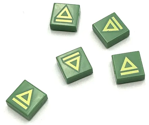 Lego 5 New Sand Green Tiles 1 x 1 w/ Bright Light Yellow Triangle Line Part